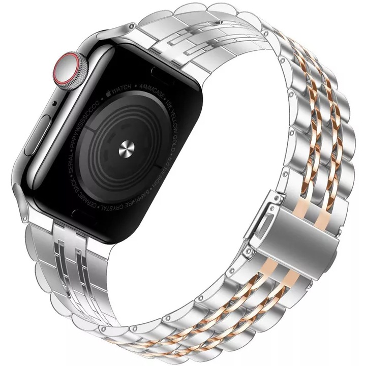 Curea Metalica MTP pentru Apple Watch, Zale impletite In Doua Nuante, Sistem Inchidere Butterfly, Compatibila cu Apple Watch 1/2/3/4/5/6/SE, Model Slim, Super Usor, Silver/Rose Gold 44 mm