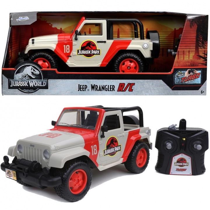Masina RC Jurassic World Jeep Wrangler, Jada, Control telecomanda, Rosu/Alb
