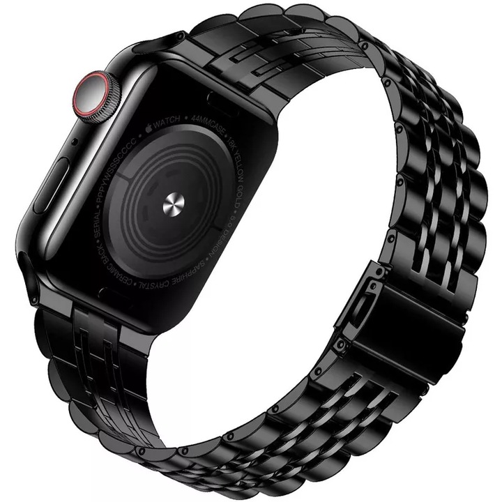 Curea Metalica MTP pentru Apple Watch, Zale impletite In Doua Nuante, Sistem Inchidere Butterfly, Compatibila cu Apple Watch 1/2/3/4/5/6/SE, Model Slim, Super Usor, Black 42 mm