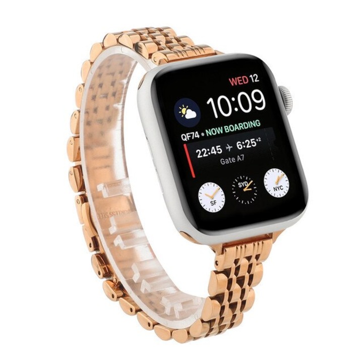 Curea Metalica Slim pentru Apple Watch, MTP, 7 Lynk Metal Loop, Mecanism inchidere Butterfly, Compatibila cu Apple Watch 7 45mm, Rose Gold