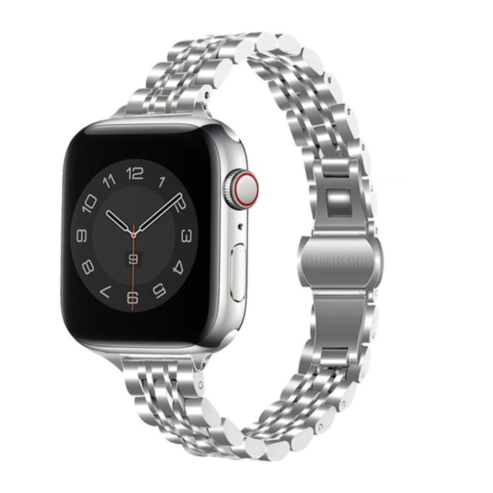 Curea Metalica Slim pentru Apple Watch, MTP, 7 Lynk Metal Loop, Mecanism inchidere Butterfly, Compatibila cu Apple Watch 1/2/3/4/5/6 44mm, Silver