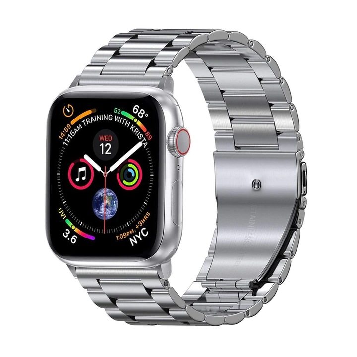 Curea Metalica pentru Apple Watch, MTP, 3 Lynk Metal Loop, Compatibila cu Apple Watch 1/2/3/4/5/6 44mm, Silver