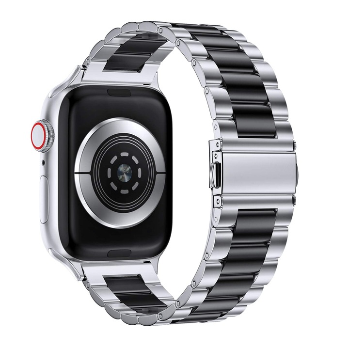 Curea Metalica pentru Apple Watch, MTP, 3 Lynk Metal Loop, Compatibila cu Apple Watch 7 41mm, Silver/Black
