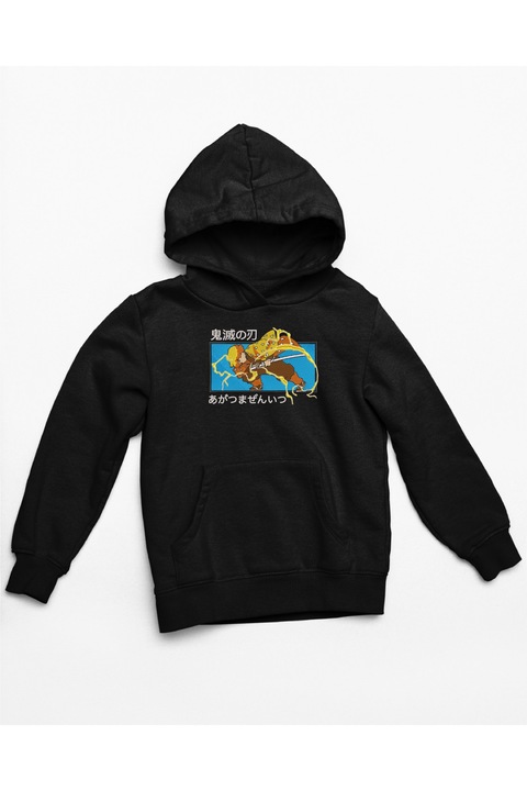 Hanorac Anime Brodat cu Zenitsu din Demon Slayer, Negru