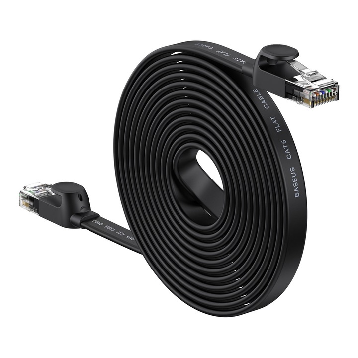 Cablu retea Baseus Speed Six Ethernet, Cat. 6, Mufat 2xRJ45, Lungime 15 m, Flat, 1Gbps, Negru