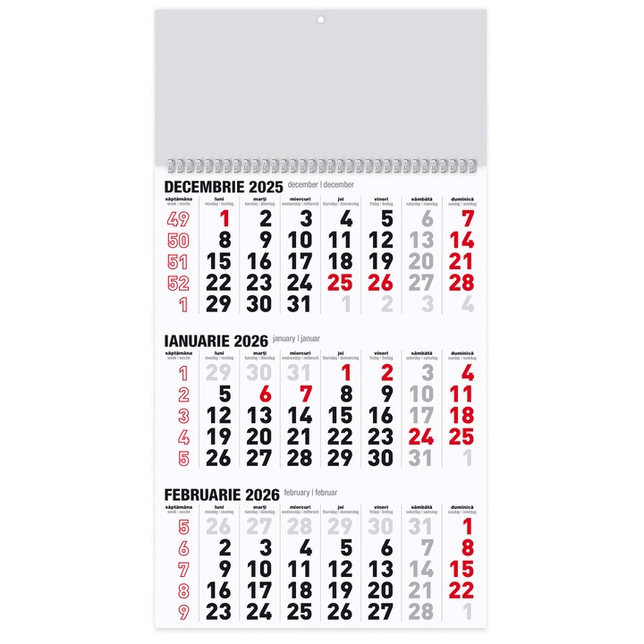 Calendar triptic A3 2026 12 file hartie mata, negru si rosu