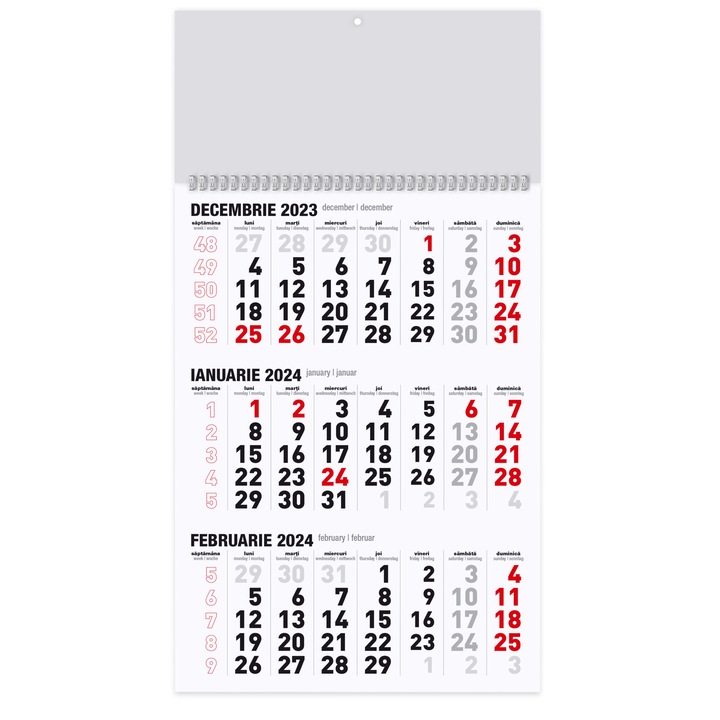 Calendar triptic A3 2024 12 file hartie mata, negru si rosu - eMAG.ro