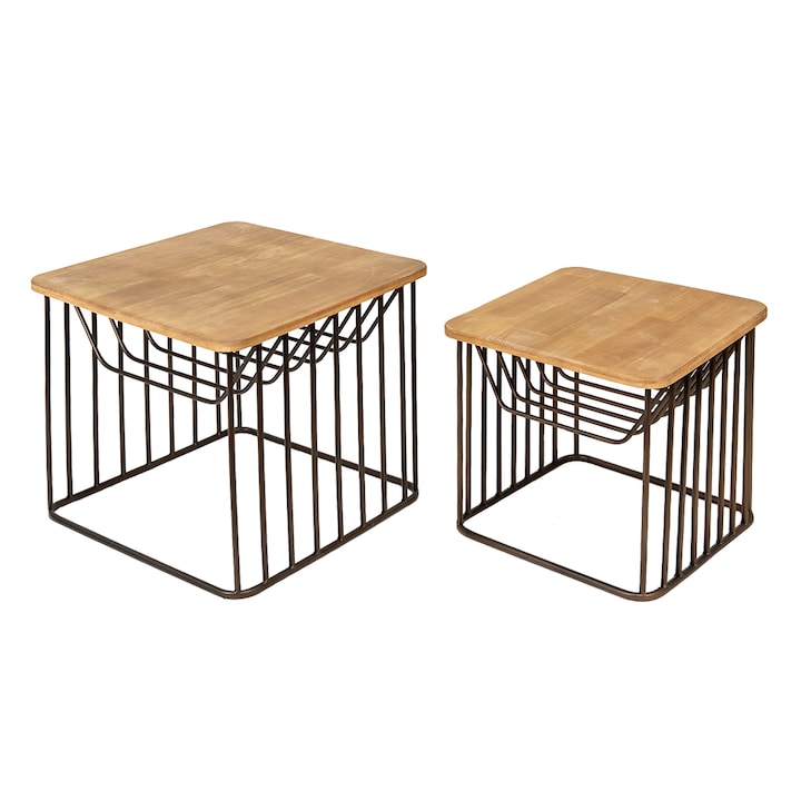 Комплект от 2 маси от желязо и дърво 53x53x44 см, 42x42x38 см