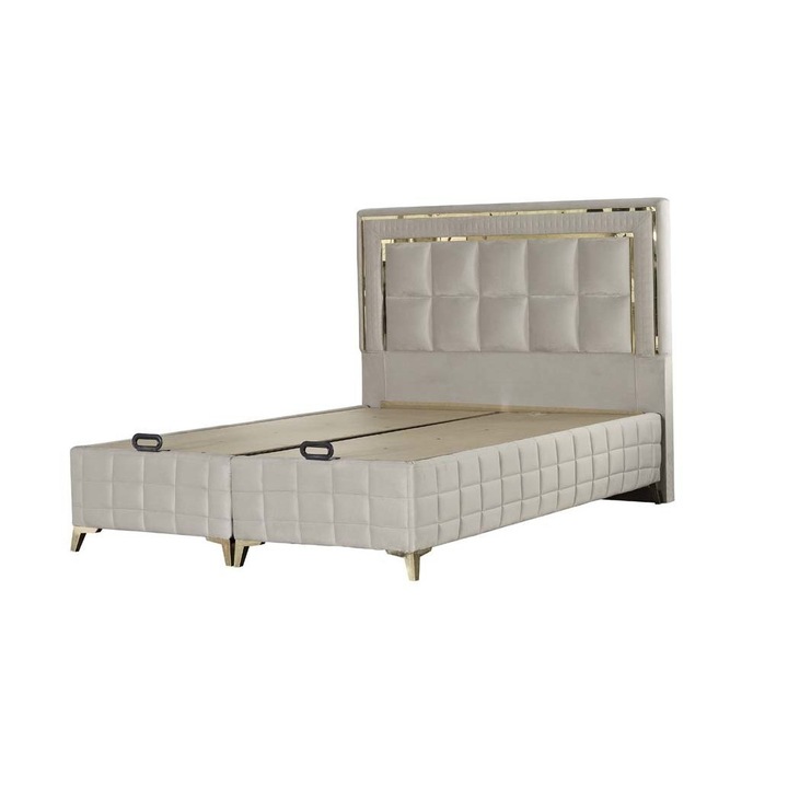 Pat tapitat, Wool Touch, cu somiera si spatiu de depozitare, fara saltea, catifea, gri, 160 x 200 cm