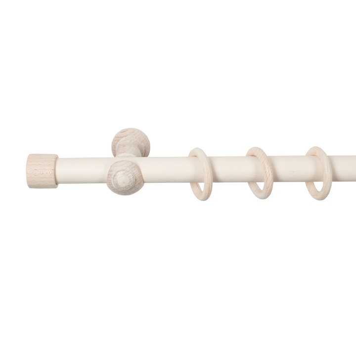 Galerie simpla Cafiro, lemn masiv cu diametrul 28 mm, consola clasica, 280 cm, alb antic, kit complet cu inele si carlige