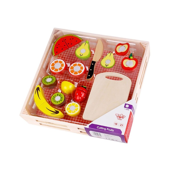 Set 19 fructe bucatarie copii, TOOKY TOY, Lemn, Multicolor, 3+