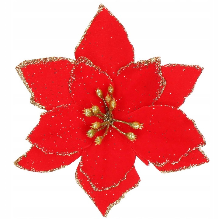 Set 10 ornamente pentru bradul de Craciun, stea Poinsettia, 13cm, rosu cu sclipici