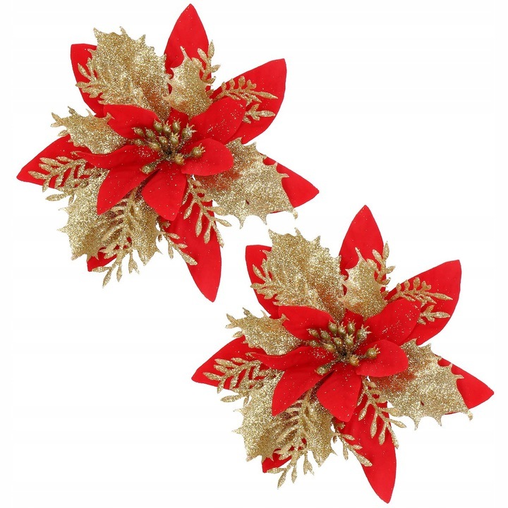 Set 10 ornamente pentru bradul de Craciun, stea Poinsettia, 14cm, rosu auriu