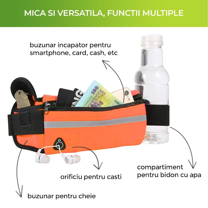 Колан тип чанта за бягане и спорт, zioda smart essentials®, с 2 джоба, държач за бутилка и отвор за слушалки, светлоотразителен, водоустойчив, регулируем, оранжев