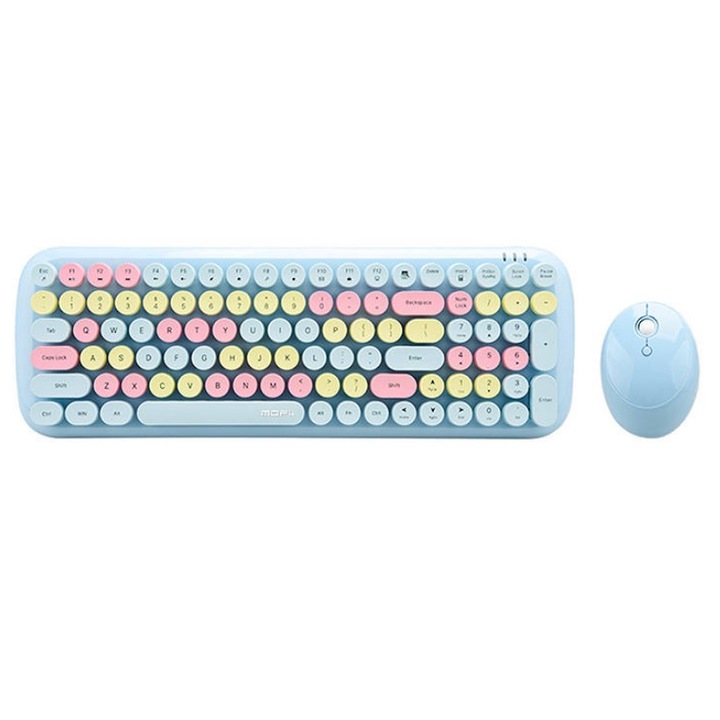Kit tastatura si mouse wireless MOFII Candy XR, 100 taste, 4 butoane, 800-1200-1600 dpi, Albastru