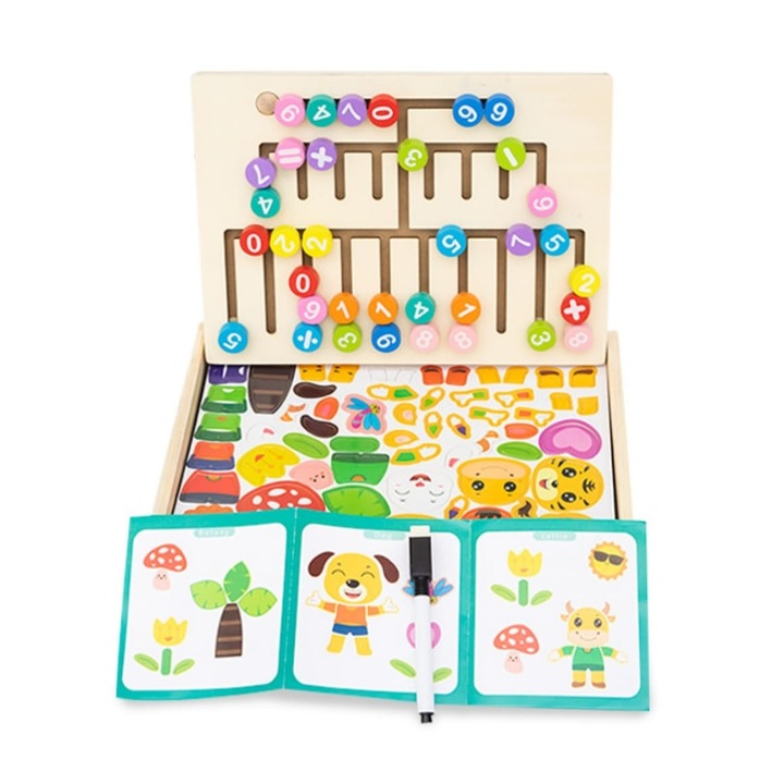 Joc Multifunctional din Lemn cu Tablita Magnetica si Puzzle Montessori