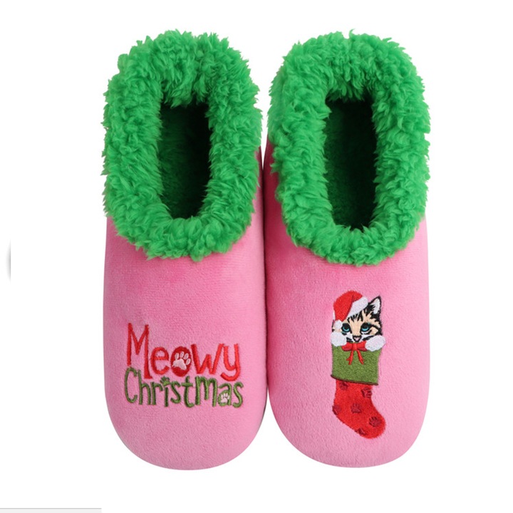 Papuci de casa dama pufosi Snoozies Meowy Christmas– roz, imblaniti, confortabili si pufosi marimea 38-40