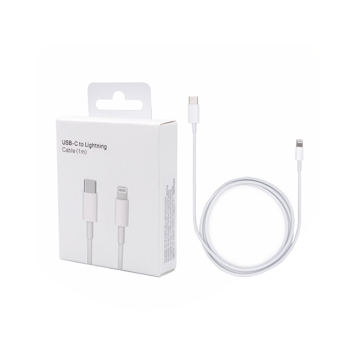 Кабел за данни, съвместим с Apple, USB-C към Lightning, 1 м, бял, най-добро качество