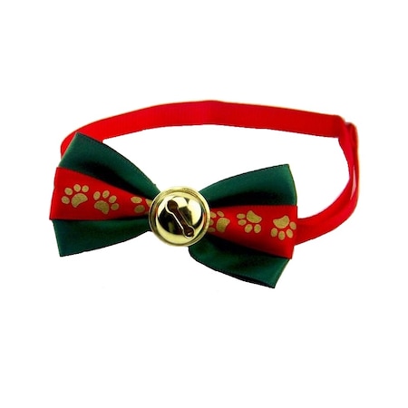 Zgarda cu papion si clopotel, pentru caini si pisici, material textil, 22-36 cm, Rosu/Verde