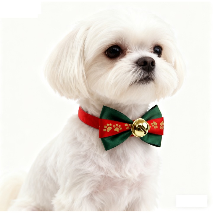 Zgarda cu papion si clopotel, pentru caini si pisici, material textil, 22-36 cm, Rosu/Verde