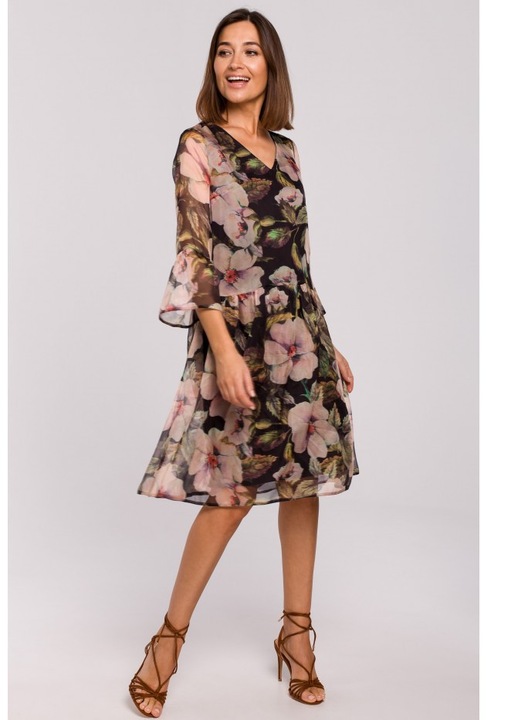 Rochie florala de dama, Stylove, Iseulon, negru si roz, XXL