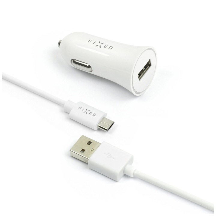 FIXED FIXCC-UM-WH autós USB töltő 2,4A, USB/micro USB kábel 1 méter, 12W, Fehér