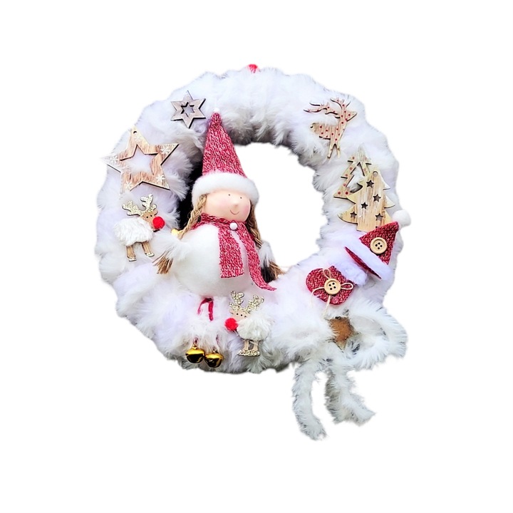 Coronita unicat pentru Craciun, cu blanita alba si accesorii alb- rosu, Craciunul meu pufos, 22 cm