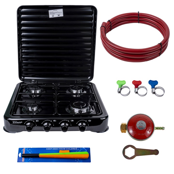 Котлон с 4 котлона, 55х50 см, Цилиндричен часовник, 2 м газов маркуч, 3 х скоби за маркуч, Запалка, Черен / ZLN 7079B_N