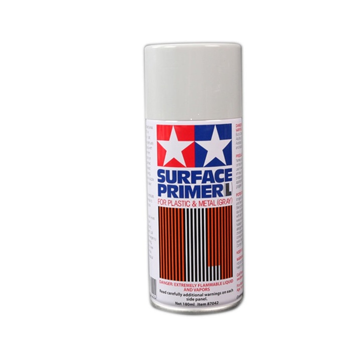 Грунд за моделиране Tamiya Surface Primer Gray L spray, 180 мл, TAM 87042