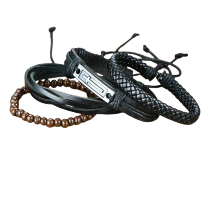 4 db férfi karkötő szett, CRM, ökológiai bőr, állítható, fekete