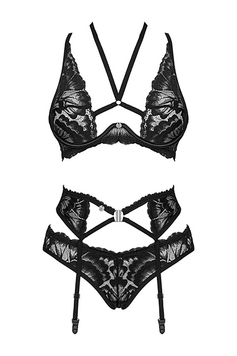 Fekete csipke fehérnemű szett, 3 részes, Obsessive Alessya M/L