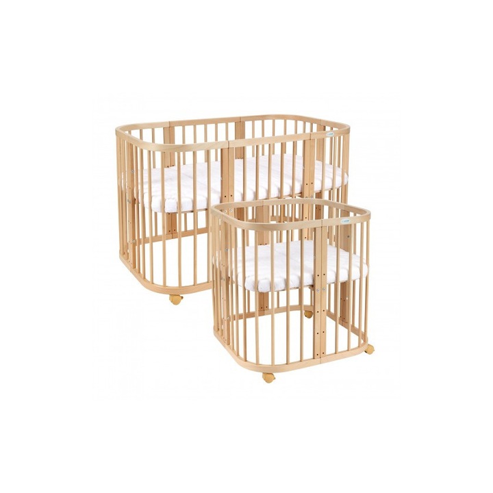 Patut pentru copii, 7 in 1 Rotund, Evolutiv, Multifunctional, Saltele incluse, Culoare Natur