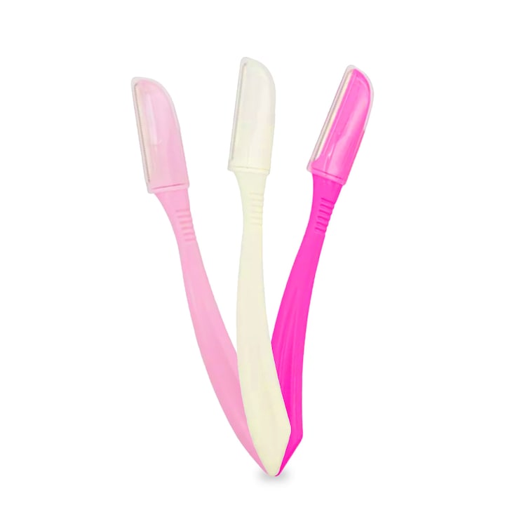 Set 3 lame trimmer pentru fata, zioda smart essentials®, dispozitiv multifunctional pentru modelare si stilizare sprancene, epilare si indepartare puf fin, dermaplaning si exfoliere faciala, Roz/Alb