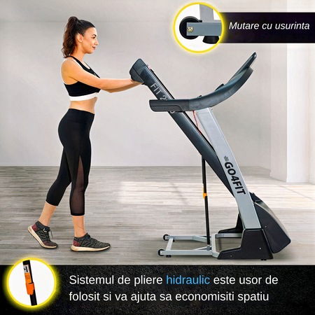 Banda de Alergare Electrica GO4FIT® Premium, Model FIT2000 PRO, Motor 4 CP, Viteza 1-20 km/h, Inclinare Automata 15%, Greutate Maxima Utilizator 150 kg, Bluetooth, Aplicatii, Cheie Siguranta