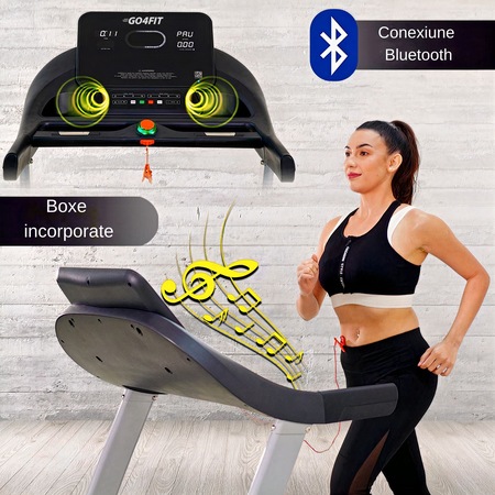 Banda de Alergare Electrica GO4FIT® Premium, Model FIT2000 PRO, Motor 4 CP, Viteza 1-20 km/h, Inclinare Automata 15%, Greutate Maxima Utilizator 150 kg, Bluetooth, Aplicatii, Cheie Siguranta
