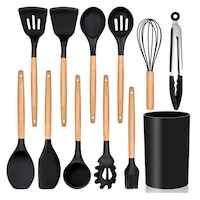 Set ustensile bucatarie 12 piese Lemn si Silicon alimentar Termorezistente Antiaderente Suport Blat negru