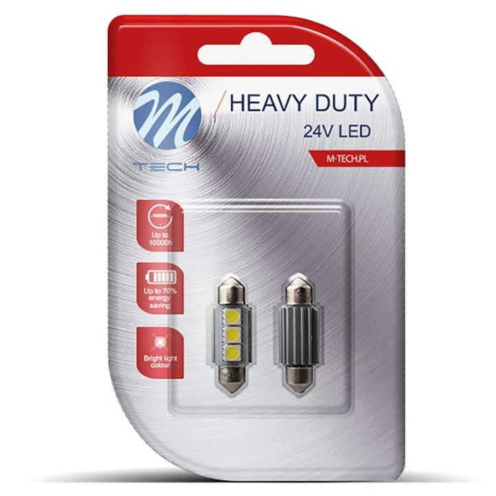 Set 2 becuri HP led tavan, M-Tech, C5W/C10W, 24V, 1W, SV8,5, 36mm, Alb