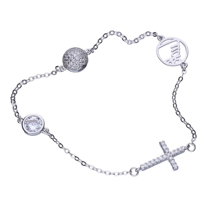Silver Berry, Luck, kereszt és kristálygyöngy karkötő mágneses zárással, ezüstből