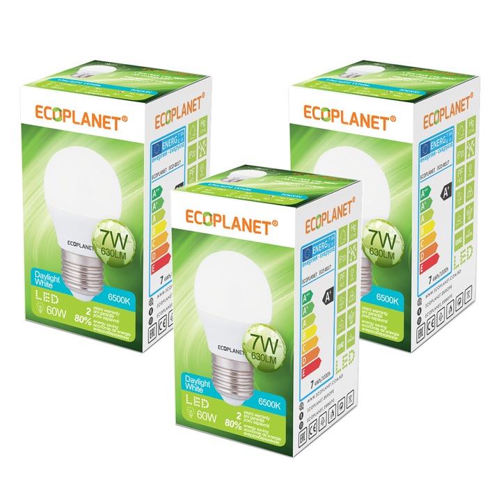 Set 3 Buc - Bec LED Ecoplanet glob mic G45, E27, 7W (60W), 630 LM, F, lumina rece 6500K, Mat