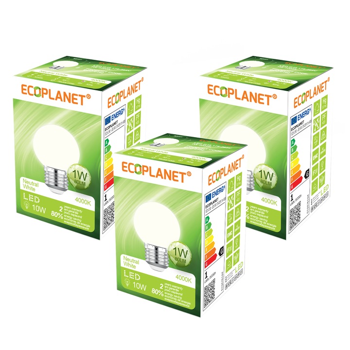 Комплект от 3 броя - Ecoplanet LED крушка малък бял глобус G45, E27, 1W (10W), 80 LM, G, неутрална светлина 4000K, мат