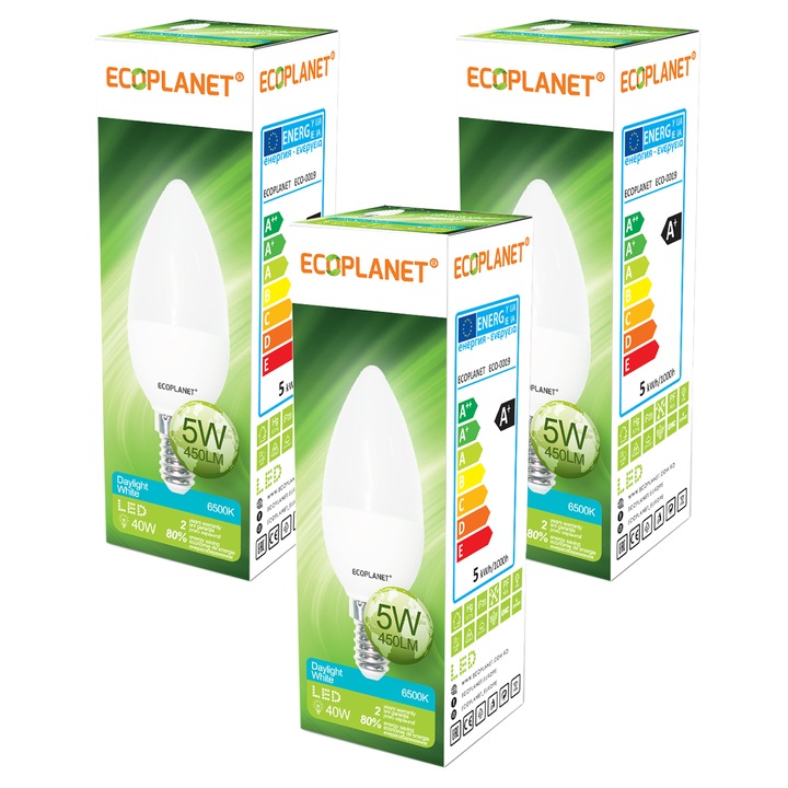 Set 3 Buc - Bec Led Ecoplanet lumanare C35, E14, 5W (40W), 450LM, F, lumina rece 6500K, Mat
