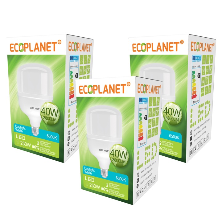 Set 3 buc - Bec Led Ecoplanet T120 forma cilindrica, E27, 40W (250W), 3800 Lm, Clasa F, lumina rece 6500K, Mat