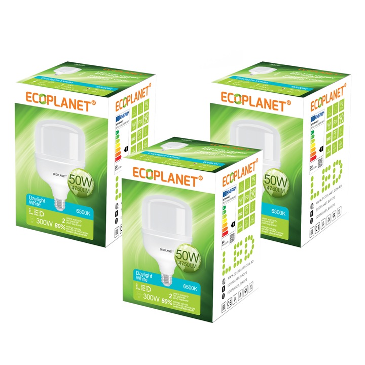 Set 3 buc - Bec LED Ecoplanet T140 forma cilindrica, E27, 50W (300W), 4750 LM, F, lumina rece 6500K, Mat