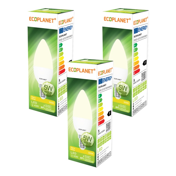 Set 3 Buc - Bec Led Ecoplanet lumanare C35, E14, 5W (40W), 450LM, F, lumina calda 3000K, Mat