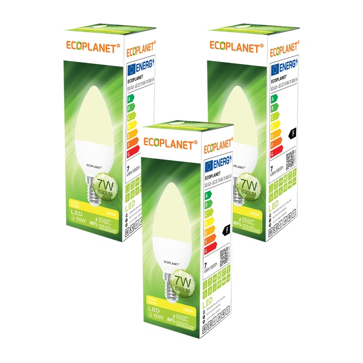 Комплект от 3 броя - Ecoplanet LED крушка тип свещ C35, E14, 7W (60W), 630 LM, F, топла светлина 3000K, мат
