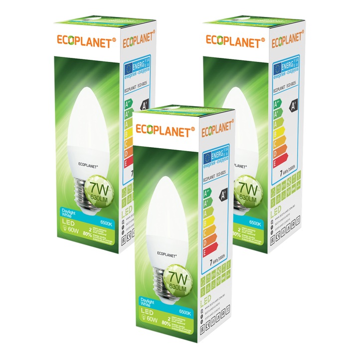 Комплект от 3 броя - Ecoplanet LED крушка тип свещ C35, E27, 7W (60W), 630 LM, F, студена светлина 6500K, мат