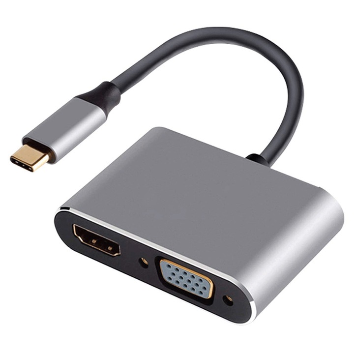 Адаптер хъб Vaxiuja, 4в1, Type-C, HDMI 4K, Hdmi VGA USB 3.1 Display Adapter, Сив