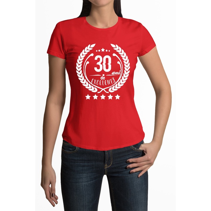 Tricou dama personalizat, rosu, 30 ani de experienta, S