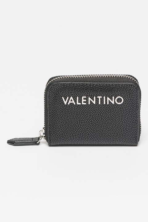 Valentino Bags, Portofel de piele ecologica cu fermoar si logo, Negru