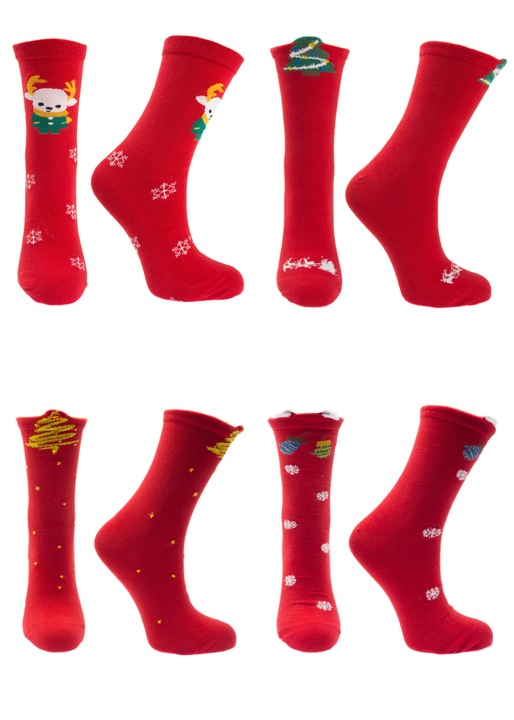 Set unisex, 4 sosete fara cusatura, 95%bumbac 5% elastan, marime 36-41, motive de Craciun, Rosu - SCR361